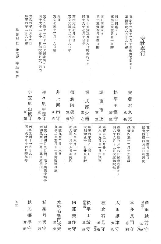 『大日本近世史料』 柳営補任 1 執事職～大納言付小性組組頭 p.53