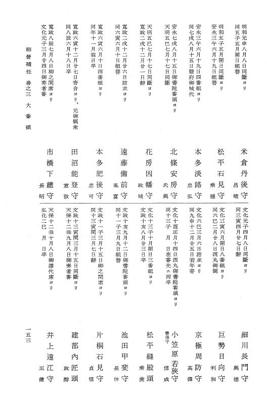 『大日本近世史料』 柳営補任 1 執事職～大納言付小性組組頭 p.153