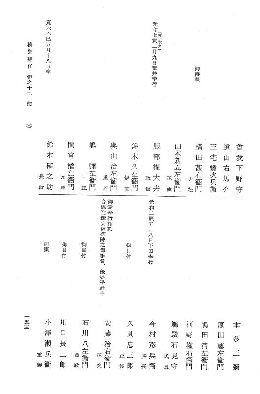 『大日本近世史料』 柳営補任 3 先手～大納言付小十人組頭 p.153