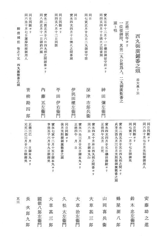 『大日本近世史料』 柳営補任 4 綱吉御台様用人～道奉行 p.53